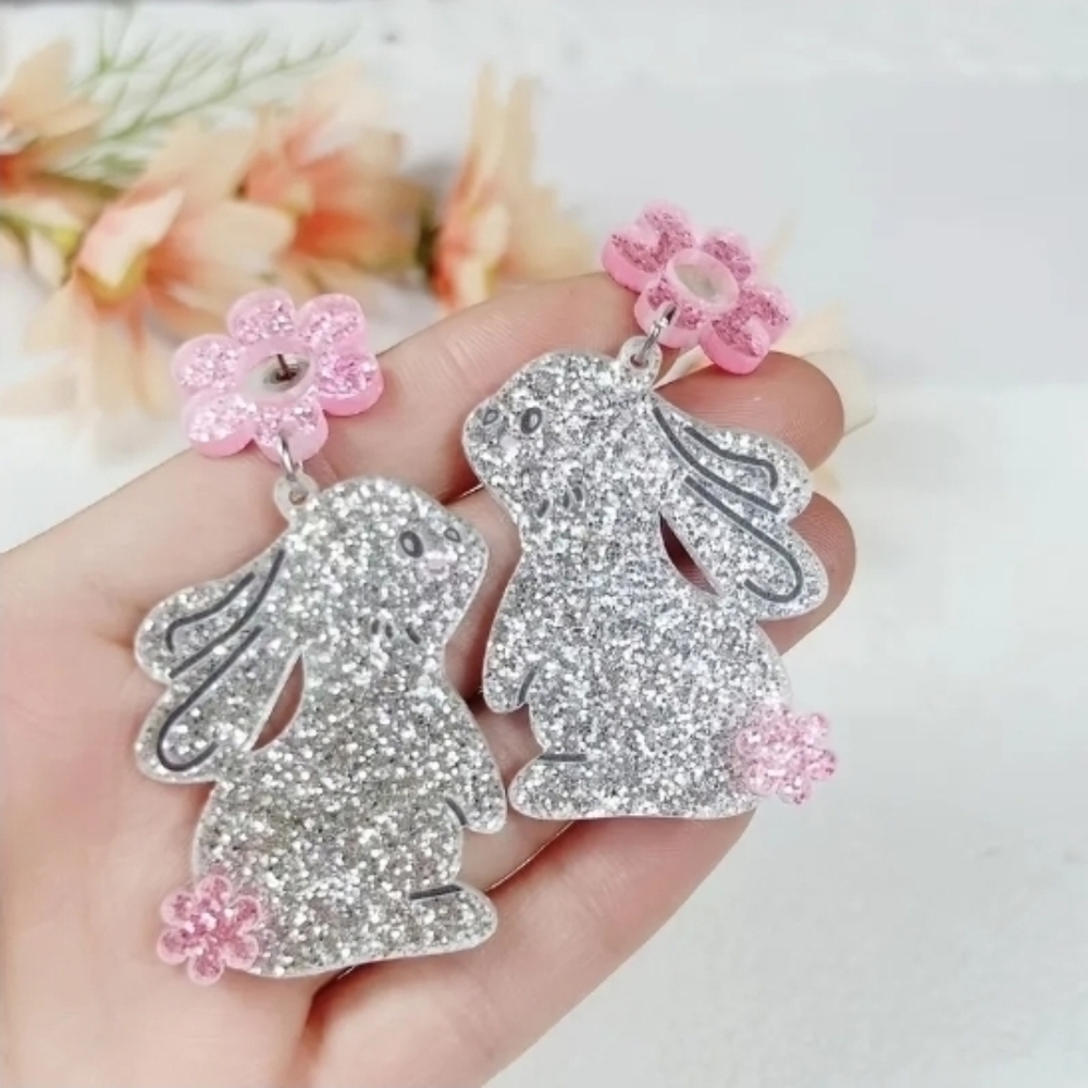 Sparkling Bunny Dangle Earrings - Silver Glitter with Pink Flower. New!